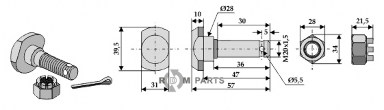 Blade bolt m 20 x 35 - 12.9 with hexagon castle nut 63-2035