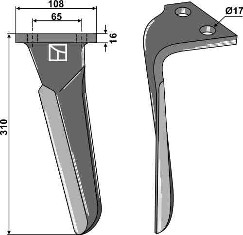 Tine for rotary harrows, left model fitting for Frandent 9118310002