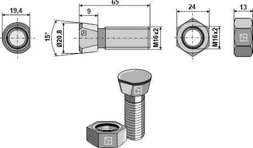 Plough bolt M16 x 2 x 65 with hexagon nut fitting for Kverneland KK031965