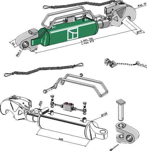 Hydraulischer Oberlenker mit Fanghaken und Gelenkkopf