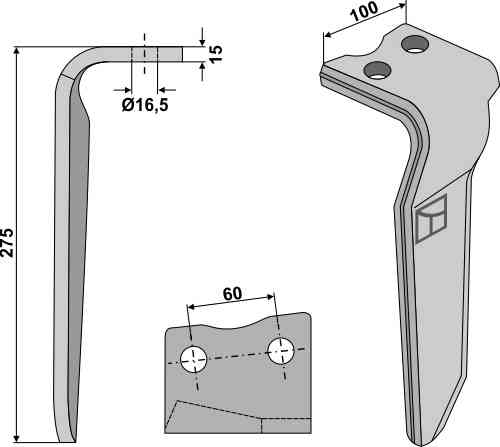 Tine for rotary harrows, right model fitting for Howard 185516