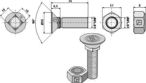 Ploegbout 3/8'' UNF en zeskantmoer