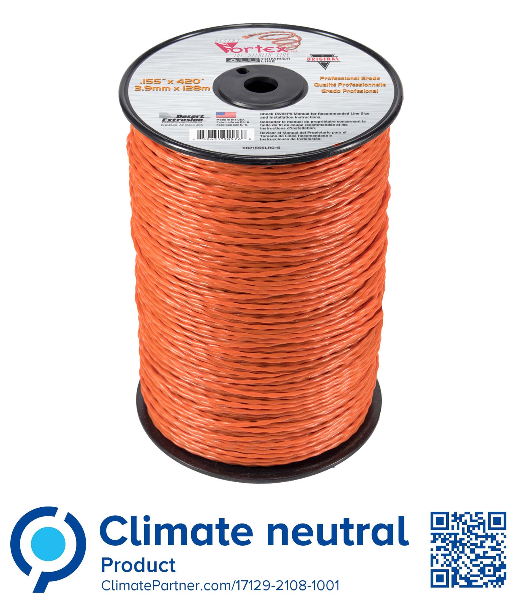 Trimmer line vortex alu - large spool orange .155" / 3,9 mm 420' / 128 m