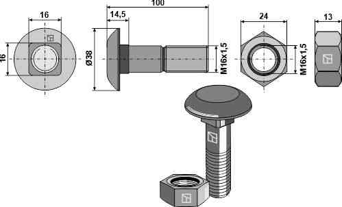 Plough bolt M16 x 1,5 x 100 and hexagon nut