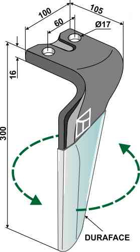 Tine for rotary harrows (duraface) - left model rh-112-l-dura