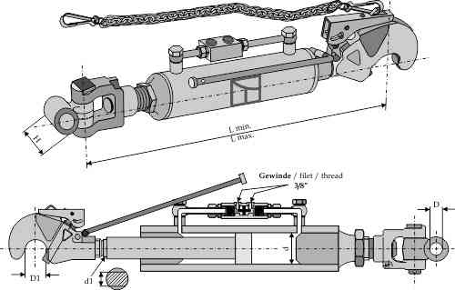Hydraulic top-links with hook and swivelling tie-rod Hydraulic top-links with hook and swivelling tie-rod